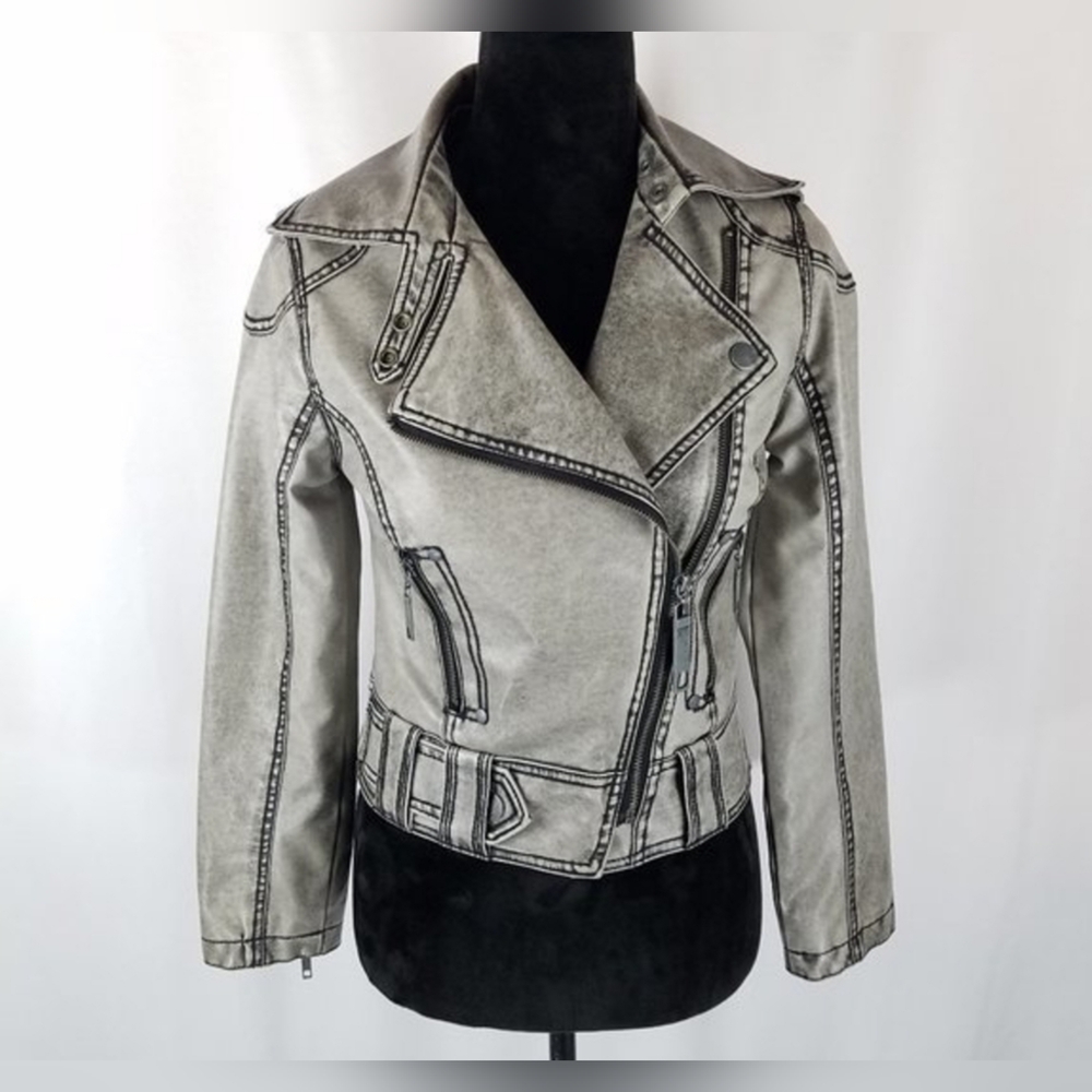 Grey Patina Vegan Leather Biker MOTO Jacket By Charlotte Russe Sz S